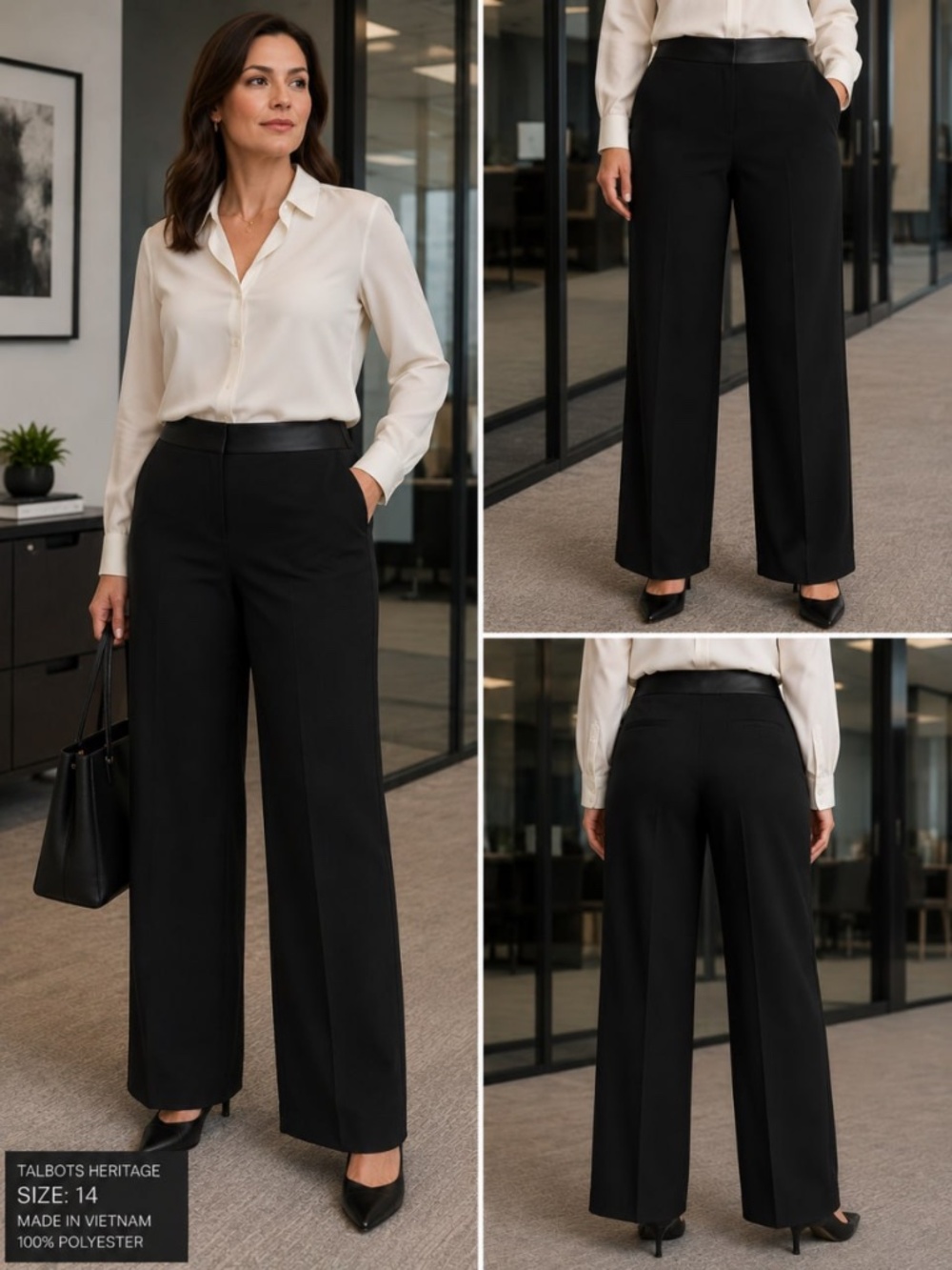 Talbots Heritage Women’s Black Straight Leg Trousers 14P Satin Waist Career Work